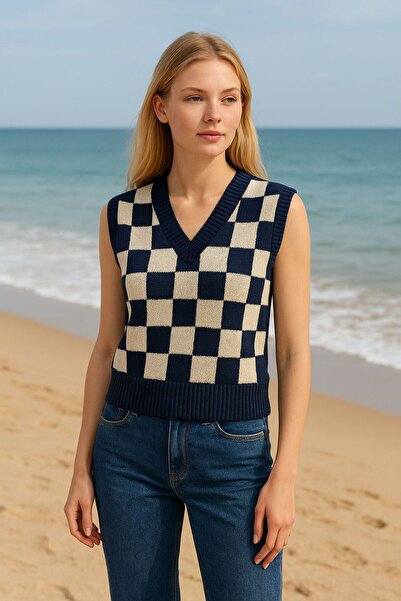 MODA NADO Women's V-Neck Checkered Sweater