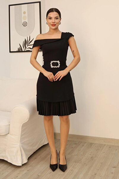 lodmela One Shoulder Skirt Pleated Belted Midi Dress 2373-Black