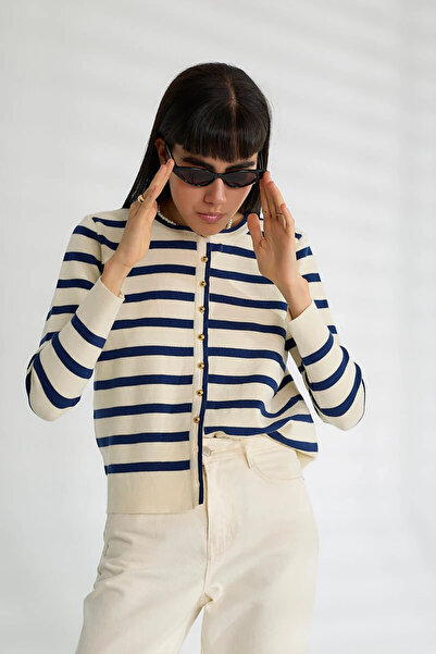cemo Basic Buttoned Striped Long Sleeve Slim Knitwear