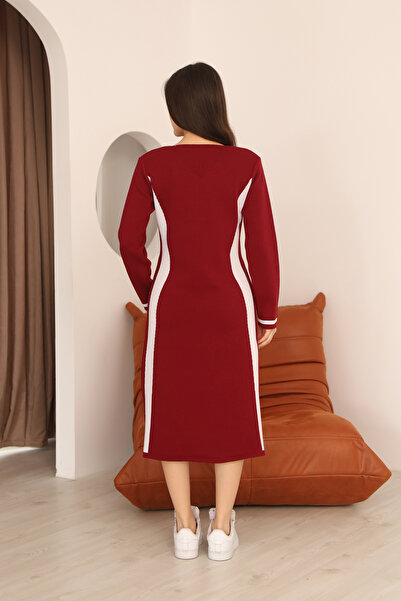 ALCHON Round V-Neck Long Sleeve Jacquard Paneled Striped Stripe Midi Length Below Knee Winter Knitwear Dress