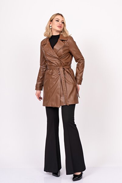 MissVina معطف جلدي قصير بحزام من لوكس سوفت – 2616