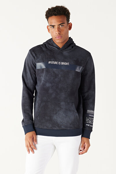 AC&Co / Altınyıldız Classics Navy Blue Standard Fit Printed Sweatshirt with 3 Threads and Hooded Tie-Dye Look Adjustable Drawstrings
