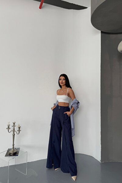 Lady Moss Casual front slit detail belted waist pants - navy blue