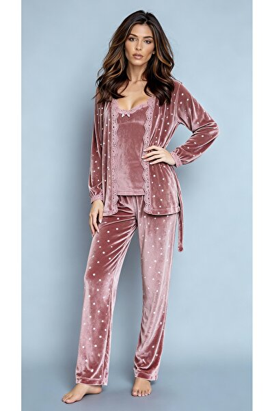 MAY Homewear Three-Piece Imported French Velvet Lace Detailed Long Sleeve Dre...