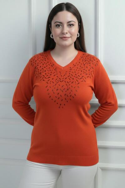 By Saygı Women's V-Neck Front Glitter Detailed Plus Size Knitwear Blouse