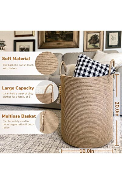 Generic Laundry Basket,60L Woven Cotton Rope Laundry Hamper for Clothes Storage,Toys Storage