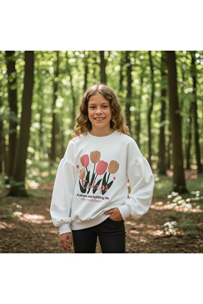 FESSHERA KİDS Girls' Sweatshirt Balloon Sleeve Printed Oversized Cotton Sweatshirt / Wide Fit Long Sleeve T-Shirt