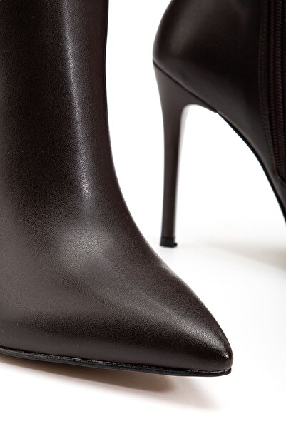 Budi Ls-226 Brown Leather Zippered Elastic Thin High Heeled Women's Boots