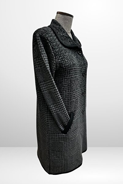 By Saygı Women's Buttoned Front Houndstooth Patterned Large Size Knitwear Coat with Pockets