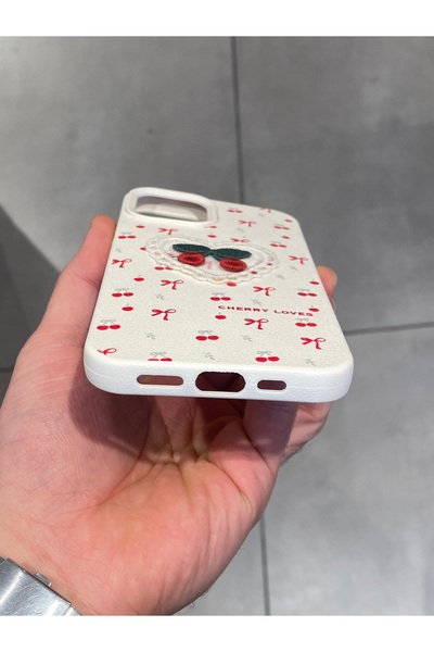 Mee.co iPhone 12 and 12 Pro Compatible Embroidered Cherry Pattern Case Cherry Figured Knitted Phone Case