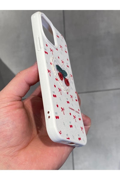 Mee.co iPhone 12 and 12 Pro Compatible Embroidered Cherry Pattern Case Cherry Figured Knitted Phone Case