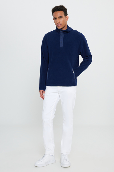 AC&Co / Altınyıldız Classics Navy Blue Loose Fit Stand Collar Jacquard Soft Fleece Sweatshirt