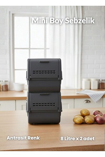 Jet's Home 2'li Mini Boy Patates Soğan Sepeti BPA Free Sebzelik Organizer Kutu Motek Antrasit 8 L