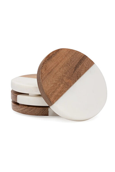 SanDonna Set of 4 round white glass coasters, made of marble and wood,
