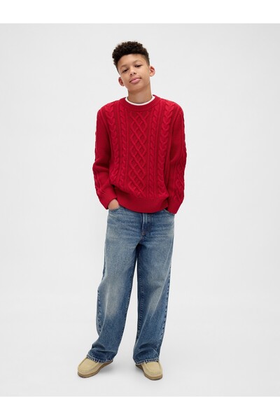 GAP Erkek Çocuk Kırmızı Cable Örgü Bisiklet Yaka Kazak