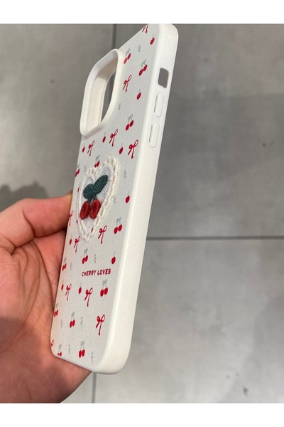 Mee.co iPhone 13 Pro Max Compatible Embroidered Cherry Pattern Case Cherry Figured Knitted Phone Case