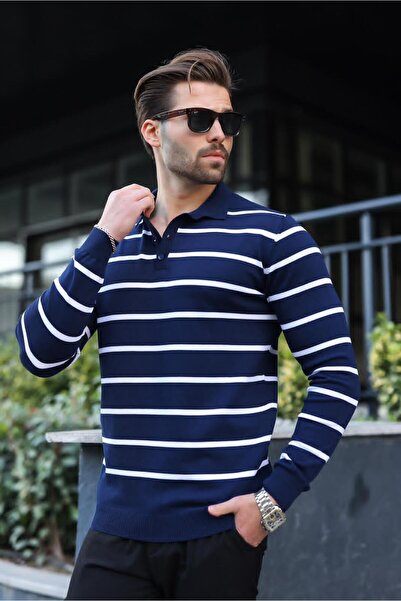 Madmext Navy Blue Buttoned Polo Neck Striped Long Sleeve Sweater 7263