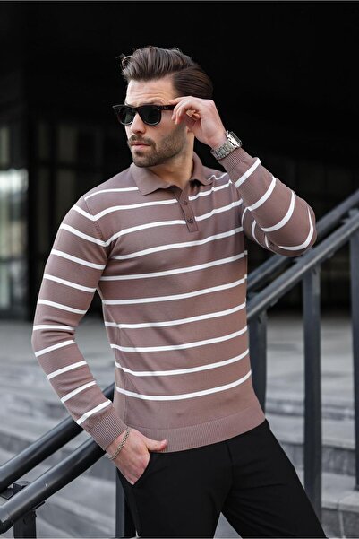 Madmext Brown Buttoned Polo Neck Striped Long Sleeve Sweater 7263