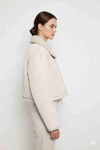 cemo Buttoned Lamb Fur Collar Short Jacket Light Beige