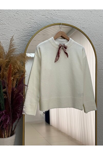 MİHRA STORE Cambria Short Knit Sweater with Scarf-Kr5066 White