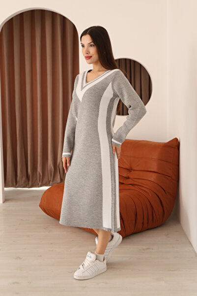 ALCHON Round V-Neck Long Sleeve Jacquard Paneled Striped Stripe Midi Length Below Knee Winter Knitwear Dress