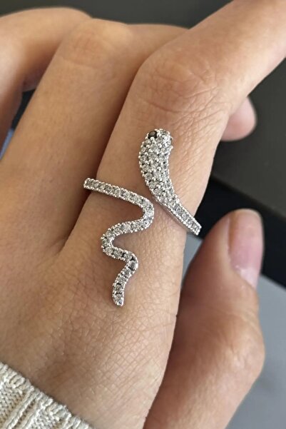 BirYıldızOl Silver Adjustable Zircon Stone Design Snake Ring