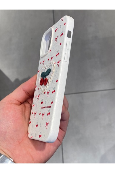 Mee.co iPhone 12 and 12 Pro Compatible Embroidered Cherry Pattern Case Cherry Figured Knitted Phone Case
