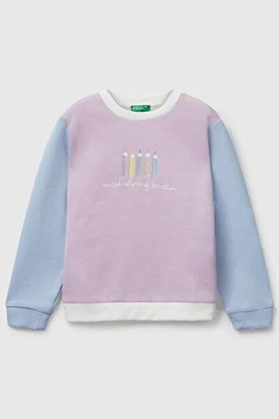 Benetton Kız Bebek 1-6 Yaş Baskılı Bisiklet Yaka Sweatshirt Lila