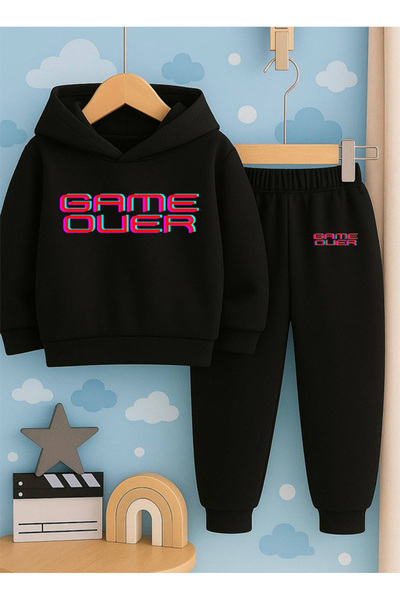 SVART WEAR Children Printed with Print Hoodie Hooded Sweatshirt and Sweatpants Set 3 Thread Ş Fleece-Lined Autumn/Winter