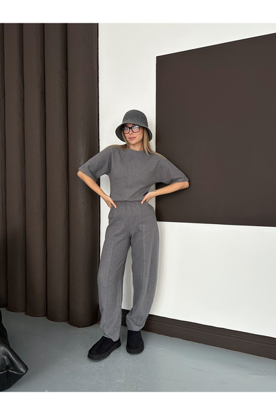 LE CARAMBOLE Women's Anthracite Crew Neck Short Sleeve Crop Blouse Pants Two Piece Set