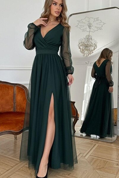 Mossta διπλό πέτο Φόρεμα από τούλι με λαιμόκοψη μακρύ εισαγόμενο κρεπ - Πράσινο