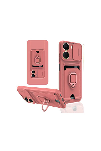 eco port حافظة Vivo Y16 من السيليكون مع حامل بطاقات زوما وحلقة - وردي مع حماي...