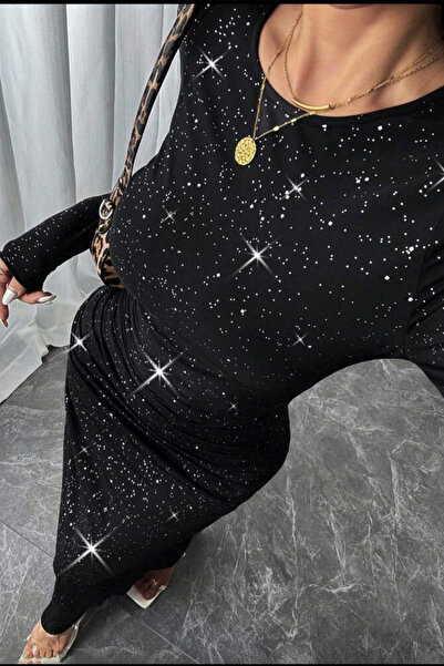 missamour Women's Stone Embroidered Side Gathered Dress