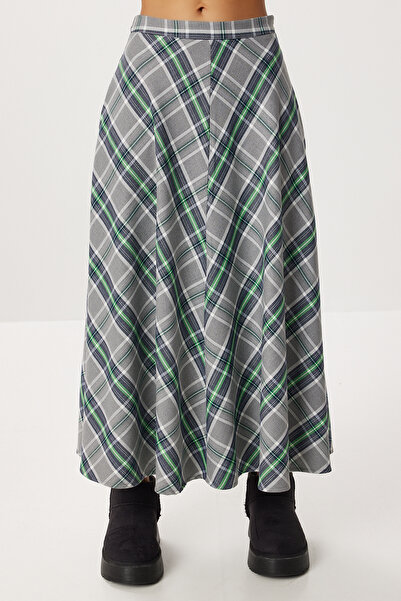 Lovelyİstanbul Καρό Φούστα Midi LNS0092 ΓΚΡΙ ΠΡΑΣΙΝΟ
