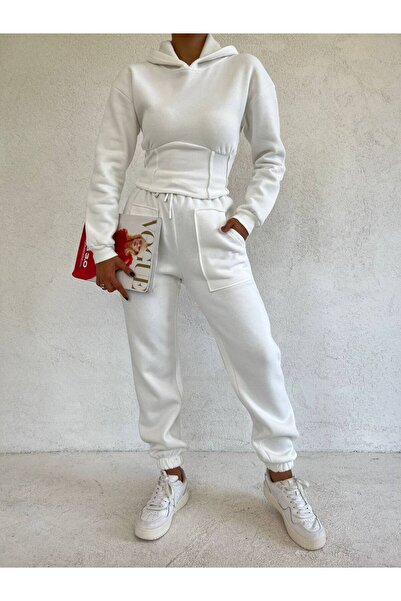 MY DEPO Women's Waist Corset Detail Crop Hooded Cotton Inside Tracksuit Set