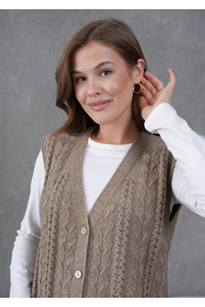 Elçelya Moda Women's Knitwear Lace-Like Knit Pocket Detailed Button Closure Wool Vest