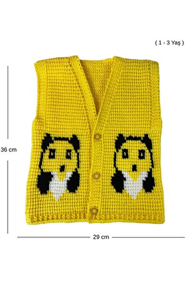 Uretti - Çiğdem 1390 1873 Hand Knitted Teddy Bear Face Patterned Knitted Vest - 1 - 3 Years Old