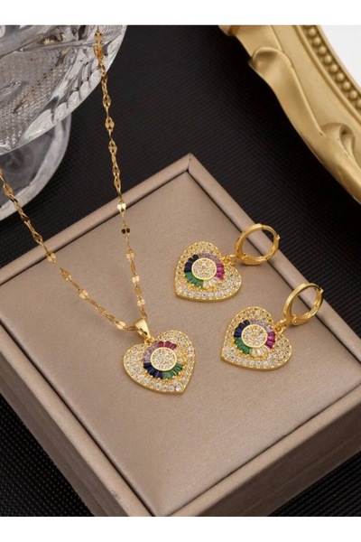 NEW STYLE An elegant accessory set consisting of a necklace and earrings made of stainless steel with colored zircon stones, presented in a suitable gift box.