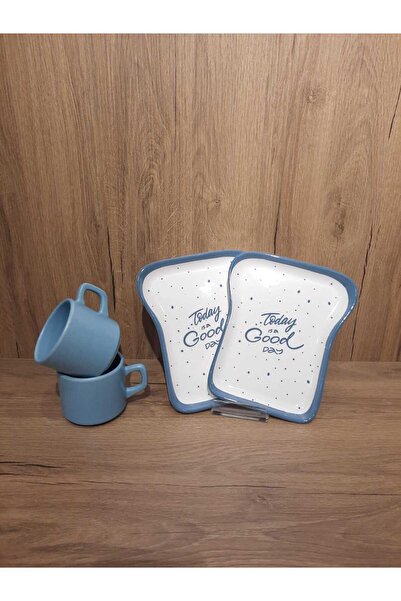 Keramika Breakfast Set for 2 Persons 4 Pieces Toast Plate and Teacup