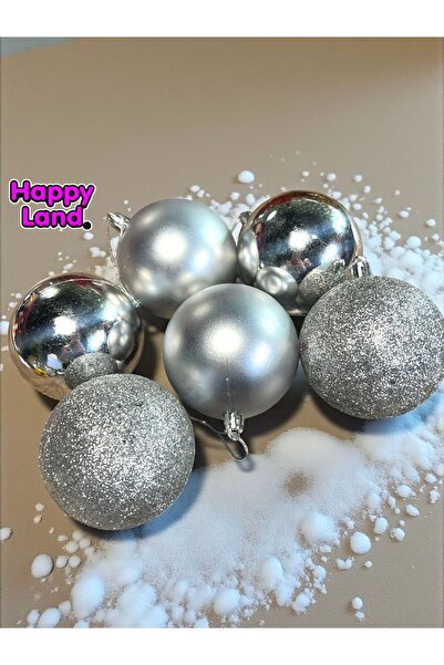 Happyland Christmas Pine Tree Ornament 8 cm 6-Piece Silver Color Christmas Ball Large Size Christmas Ball Hp128