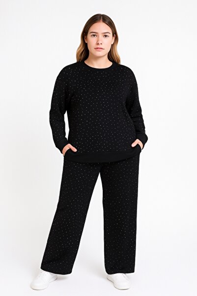 Şans Women's Plus Size Black, Crew Neck, Stone Embroidered, Pocketed Tracksuit Set 65N39248
