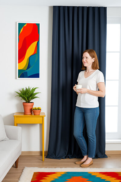 QUBA DECO ستارة خلفية زخرفية بدون خياطة بلون أزرق داكن بمظهر الكتان الطبيعي ا...