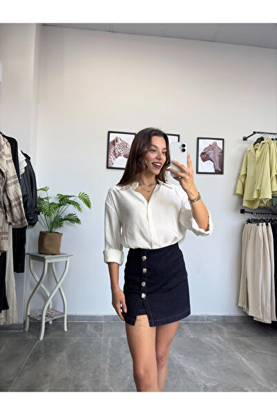 B Yüksek Bel Düğme Detay Kot Şort Etek