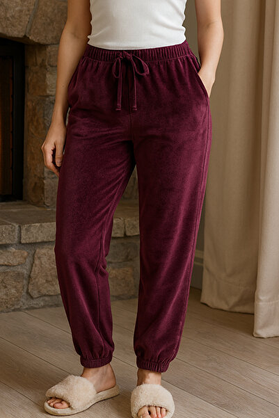 REMSA Women's Elastic Cuffed Velvet Fabric Single Bottom Pants with Pocket Detail 503 Dark Plum