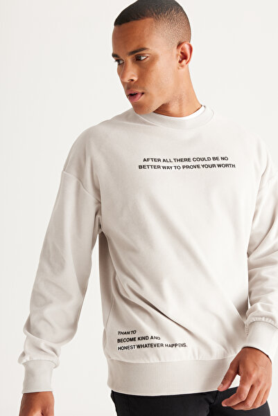 AC&Co / Altınyıldız Classics Light Gray Loose Fit Fleece Lined 3 Thread Crew Neck Long Sleeve Sweatshirt
