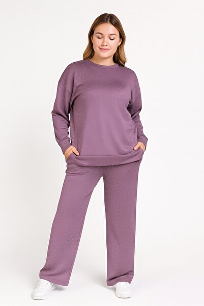 Şans Women's Plus Size Lilac, Crew Neck, Stone Embroidered, Pocketed Tracksuit Set 65N39248