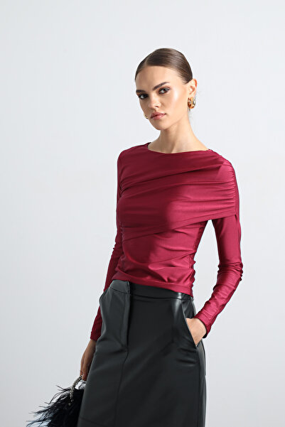 Mozto Carmory Long Sleeve Gathered Burgundy Bodysuit