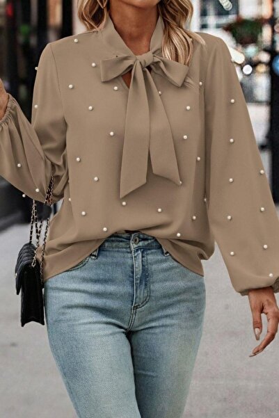 Mossta Εισαγόμενη μπλούζα από ύφασμα κρεπ με λεπτομέρεια από πέρλες με φιόγκο - καφέ