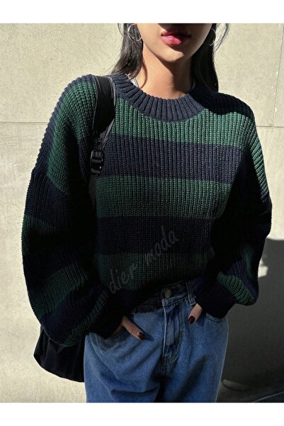 Dier Moda Pulover tricotat supradimensionat pentru femei, cu dungi groase, care nu se înnoră, Pulover pentru femei