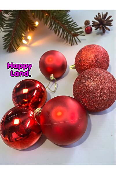 Happyland Christmas Pine Tree Ornament Red Color 6 Pieces 8 cm Christmas Balls